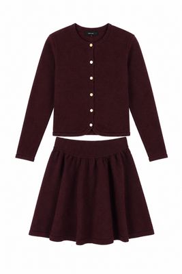 BAMBOO BURGUNDY KNIT SLIT POCKET BLAZER WITH SKIRT SET AW26 29282