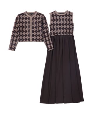 BAMBOO BURGUNDY ARGYLE CARDIGAN MAXI DRESS SET AW26 28489