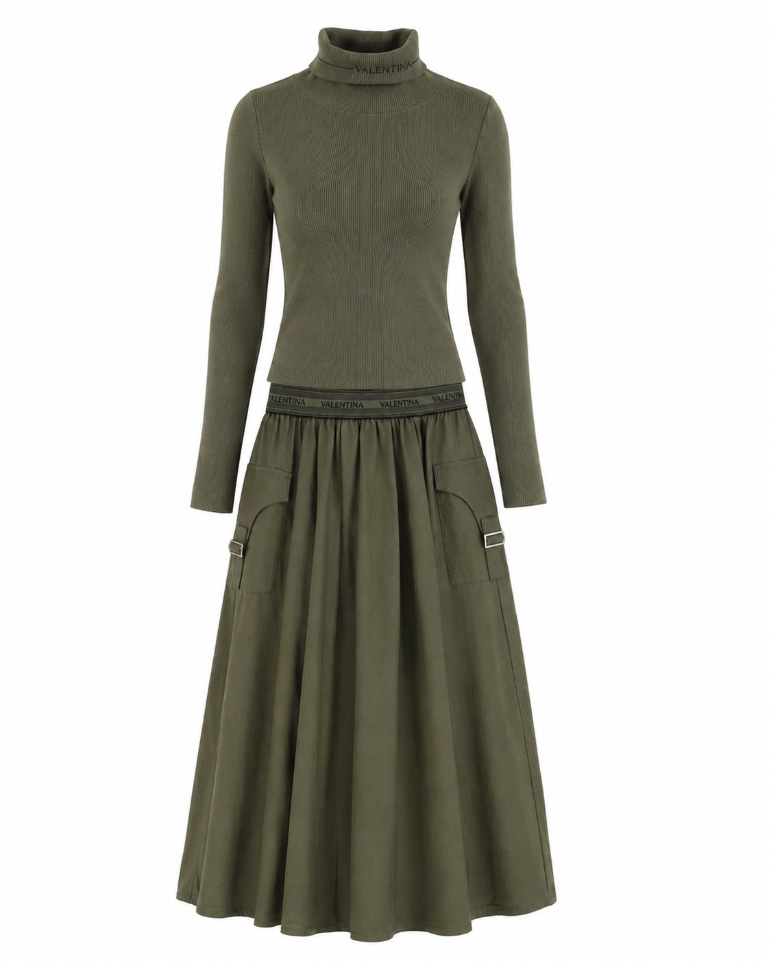 VALENTINA GREEN RIBBED KNIT LOGO TURTLENECK WITH SKIRT SET AW26 28117