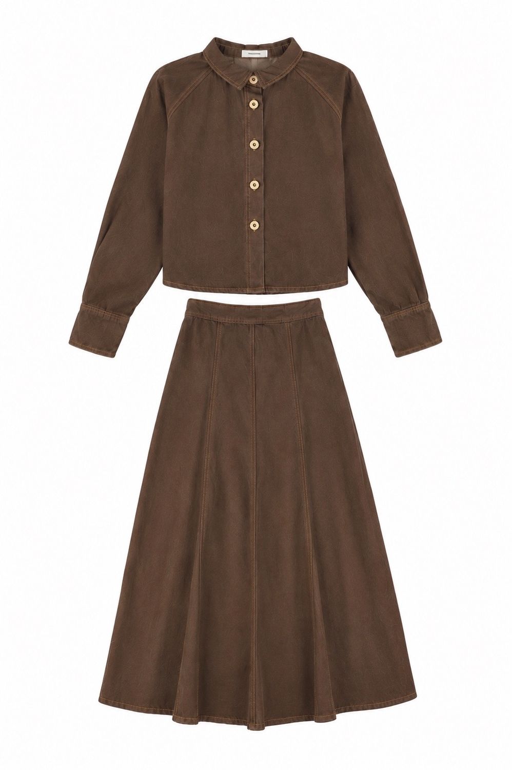 VALENTINA BROWN DENIM CONTRAST SEAM CROP BLOUSE WITH SKIRT SET AW26 28773