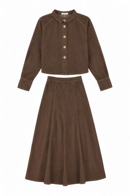 VALENTINA BROWN DENIM CONTRAST SEAM CROP BLOUSE WITH SKIRT SET AW26 28773