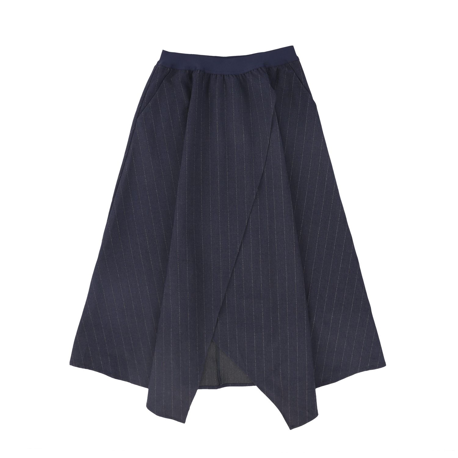 VALENTINA NAVY PINSTRIPE ASYMMETRIC WOOL SKIRT AW26 26987