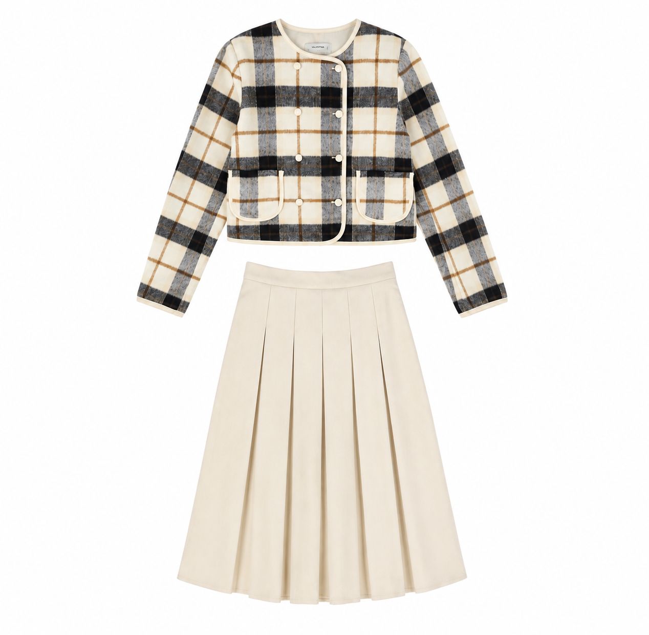 VALENTINA BEIGE PLAID CREWNECK BLAZER WITH SKIRT SET AW26 28370
