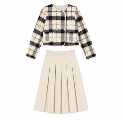 VALENTINA BEIGE PLAID CREWNECK BLAZER WITH SKIRT SET AW26 28370