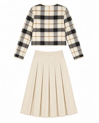 VALENTINA BEIGE PLAID CREWNECK BLAZER WITH SKIRT SET AW26 28370