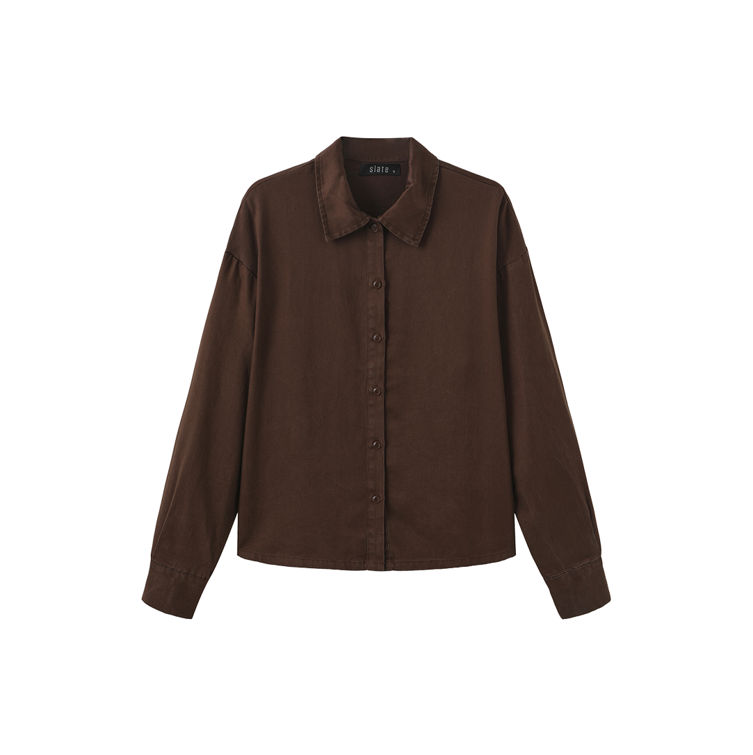 Slate Fade Button Down Denim Blouse with skirt set w-29411 FW26, color: Brown, size: XS