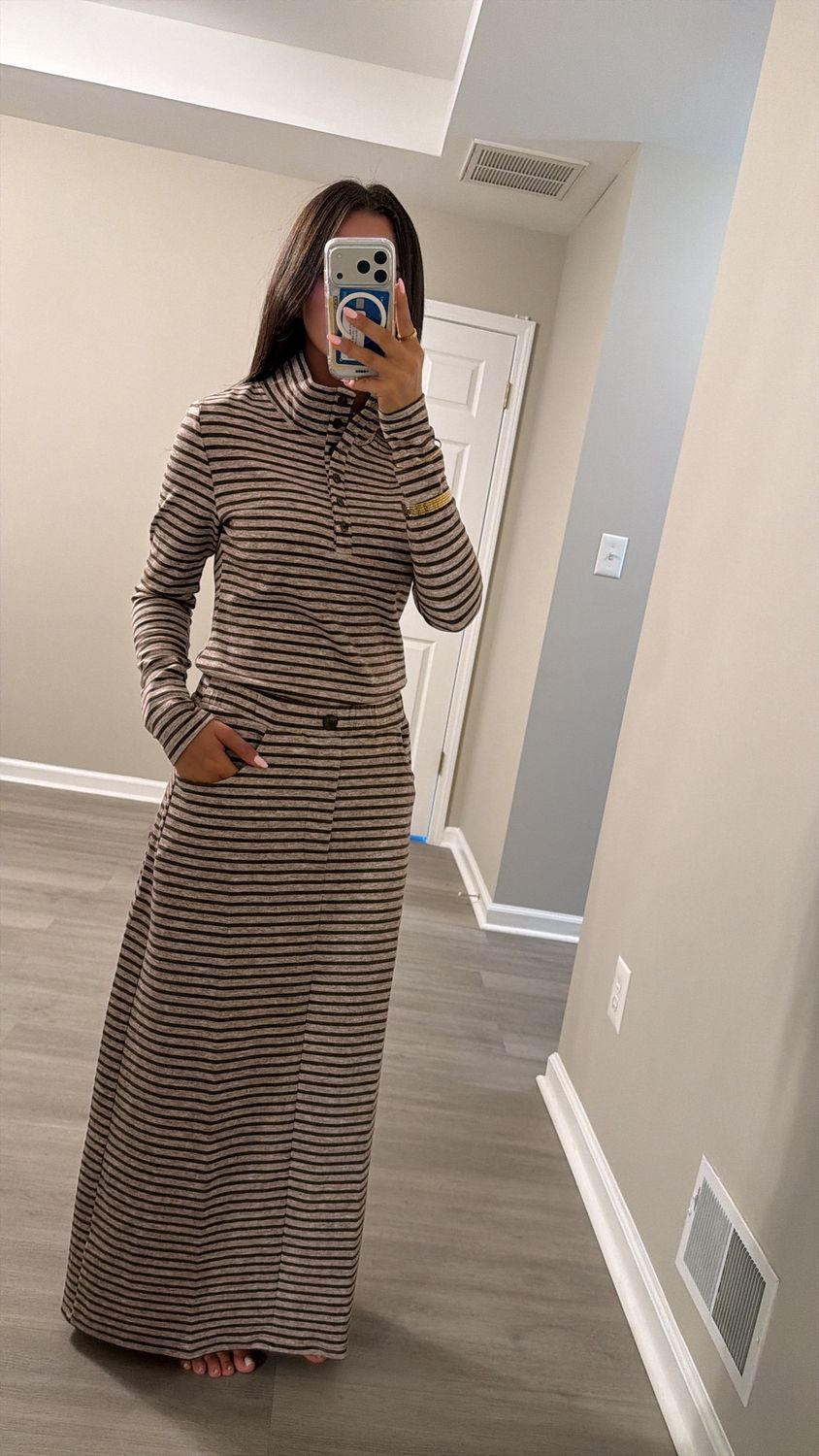 Beige Thick Tee Stripe Half Button Top with skirt set w-30029 FW26