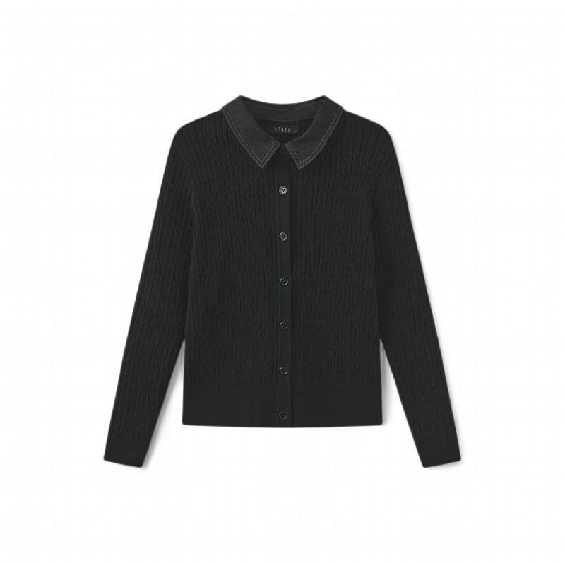 Slate Cable Knit Contrast Fabric Cardigan w-27010 FW26