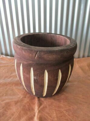 Carved Stained Rustic Wood Pot 7 3/4