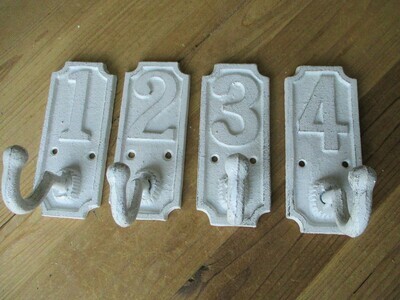 4 DISTRESSED WHITE HOOKS- NUMBERED 1,2,3,4 4 DISTRESSED WHITE HOOKS- NUMBERED 1,2,3,4