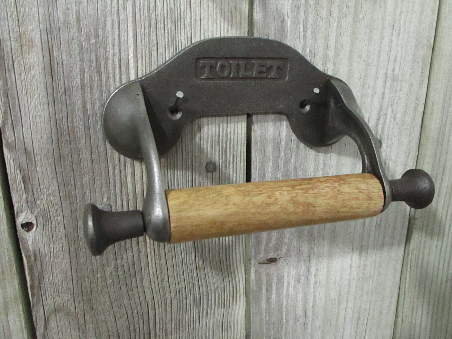 CAST IRON TOILET PAPER HOLDER WITH WOOD SPINDLE