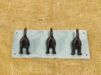 3 DOG TAIL COAT HOOKS ON CAST IRON BACKING