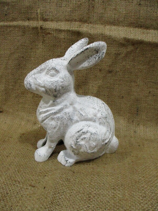 DISTRESSED WHITE CAST IRON RABBIT FIGURE