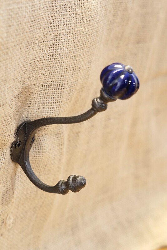 CAST IRON PUMPKIN STYLE HOOK- DARK BLUE COLORED KNOB