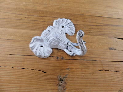 DISTRESSED WHITE CAST IRON ELEPHANT HOOK