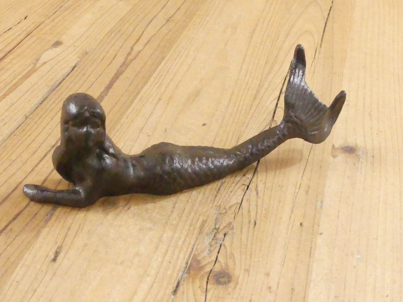 RUSTIC CAST IRON MERMAID FIGURE / PAPER WEIGHT, 9 1/2 " LONG