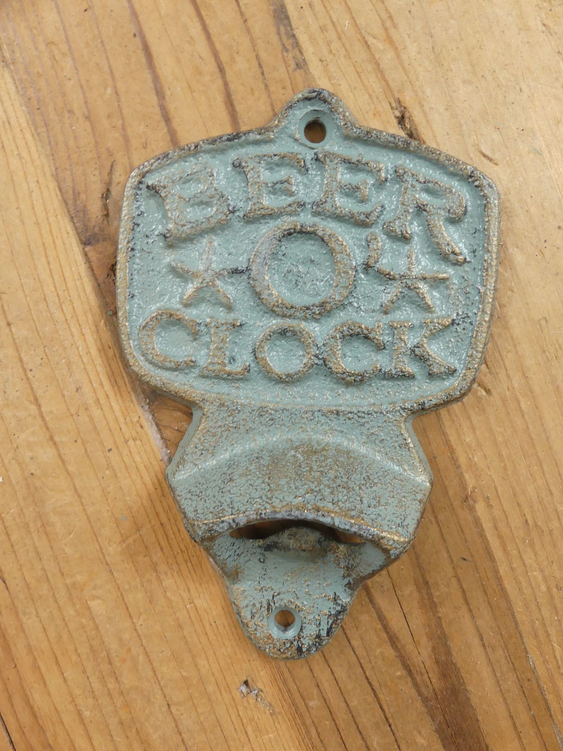 Cast Iron Beer O' Clock Bottle Opener - Antique Green Color