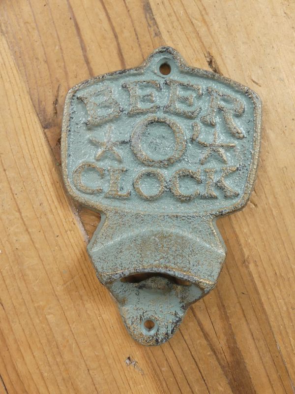 Cast Iron Beer O' Clock Bottle Opener - Antique Green Color