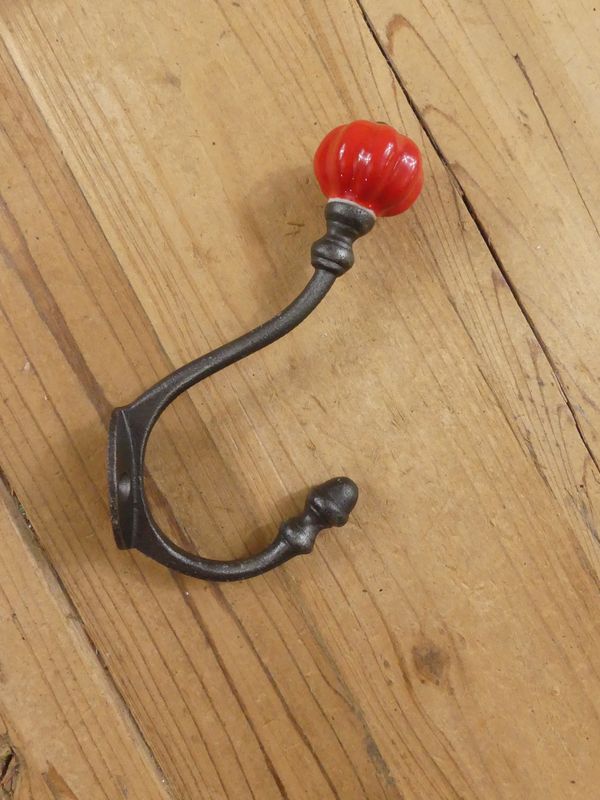 CAST IRON PUMPKIN STYLE HOOK - RED KNOB TIP CAST IRON PUMPKIN STYLE HOOK - RED KNOB TIP