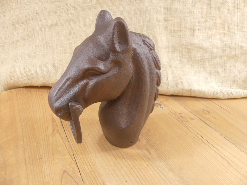 RUSTIC BROWN CAST IRON HORSE HEAD HITCHING POST