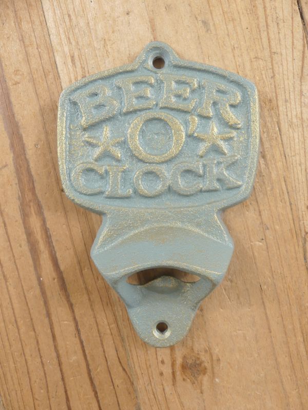 Cast Iron Beer O' Clock Bottle Opener - Antique Green Color