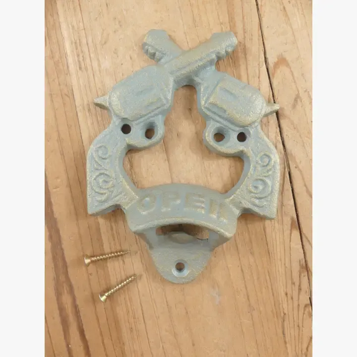 CAST IRON CROSSED PISTOLS BOTTLE OPENER - GREEN & GOLD