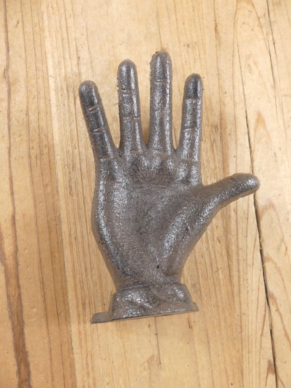 CAST IRON RUSTIC HAND, DOOR HANDLE, BOOK END, HOOK, 5" TALL