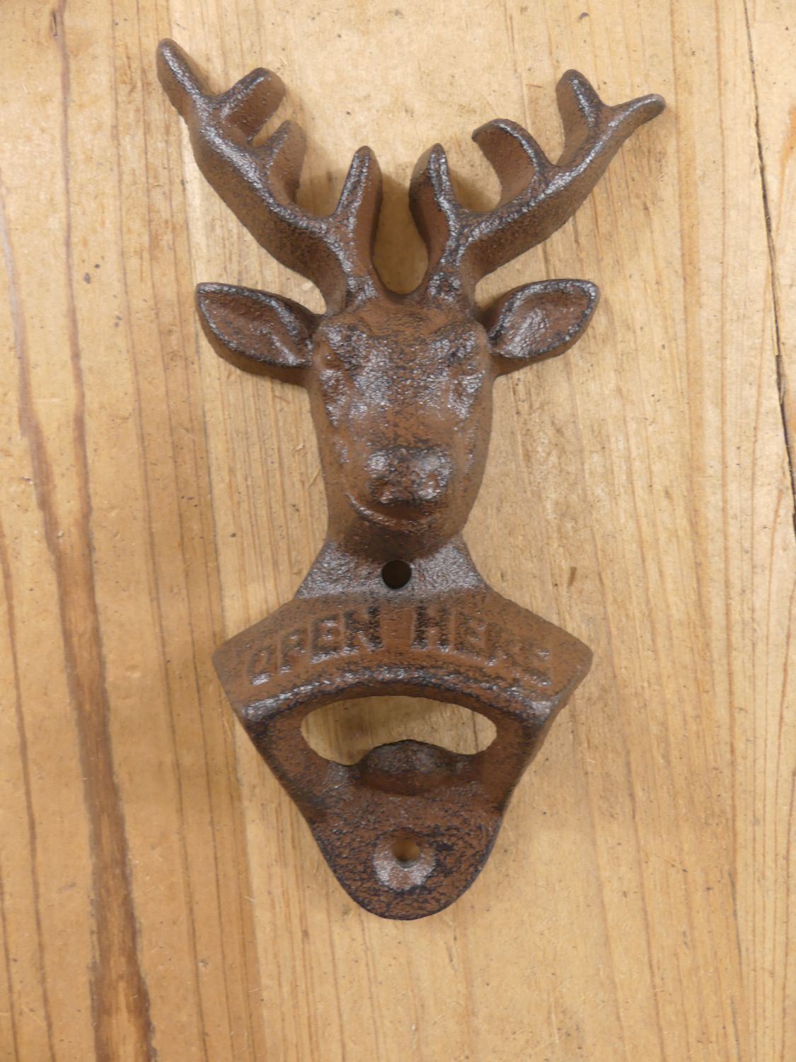 CAST IRON DEER BOTTLE OPENER READS "OPEN HERE"