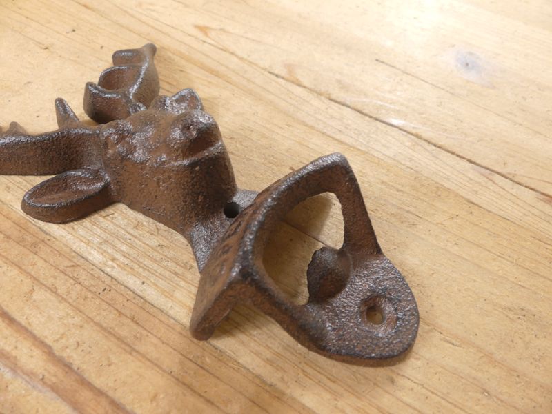 CAST IRON DEER BOTTLE OPENER READS "OPEN HERE"
