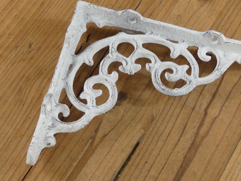 CAST IRON DISTRESSED WHITE SHELF BRACKETS, 6 1/4" X 5 1/4"