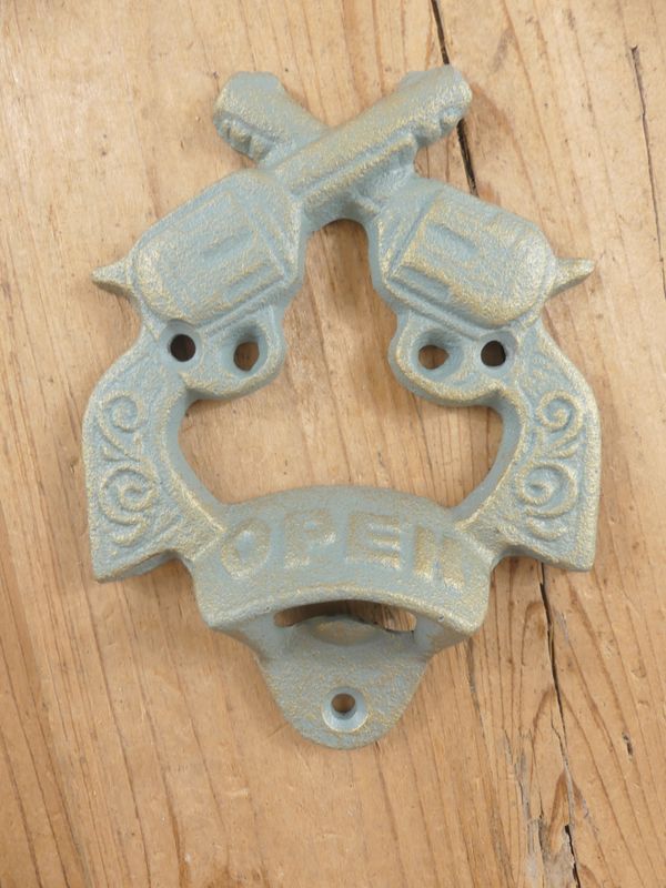 CAST IRON CROSSED PISTOLS BOTTLE OPENER - GREEN & GOLD