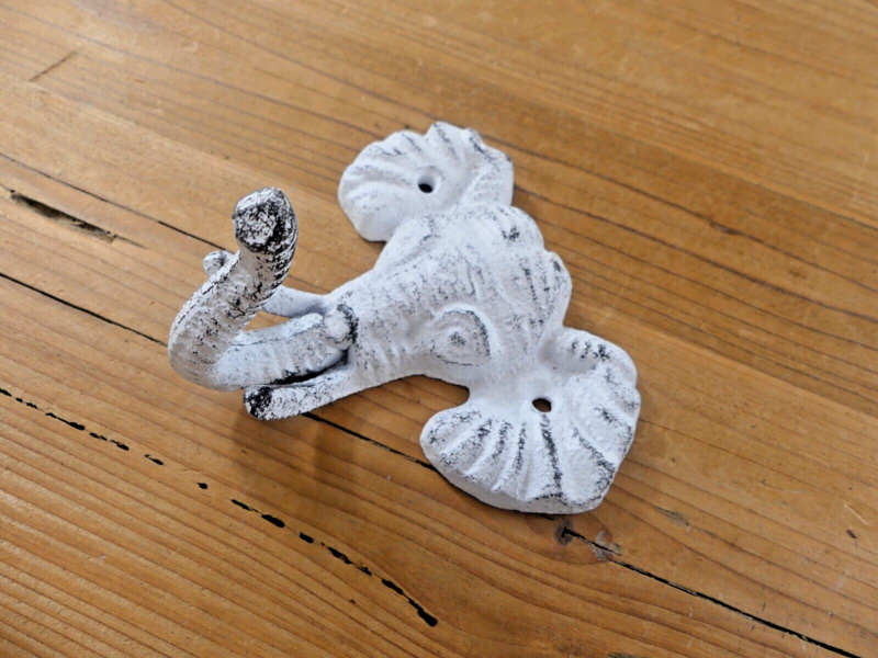 DISTRESSED WHITE CAST IRON ELEPHANT HOOK