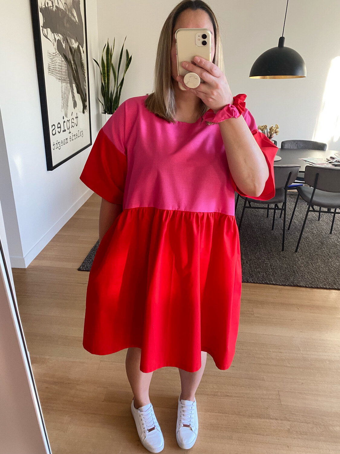 Red Pink Colour Block Smock Dress