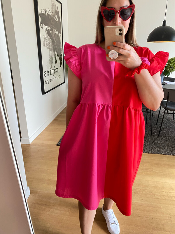 Red Pink Colour Block Smock Dress