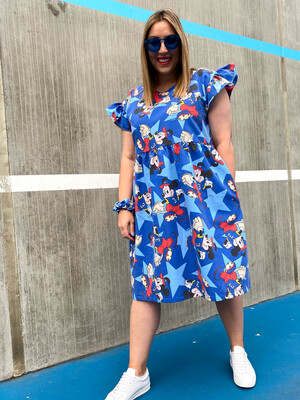 Baseball Mickey Blue Frilly Smock Dress XS Baseball Mickey Blue Frilly Smock Dress XS