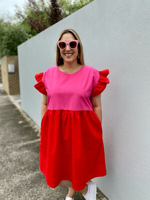 Red Pink Colour Block Frilly Smock Dress