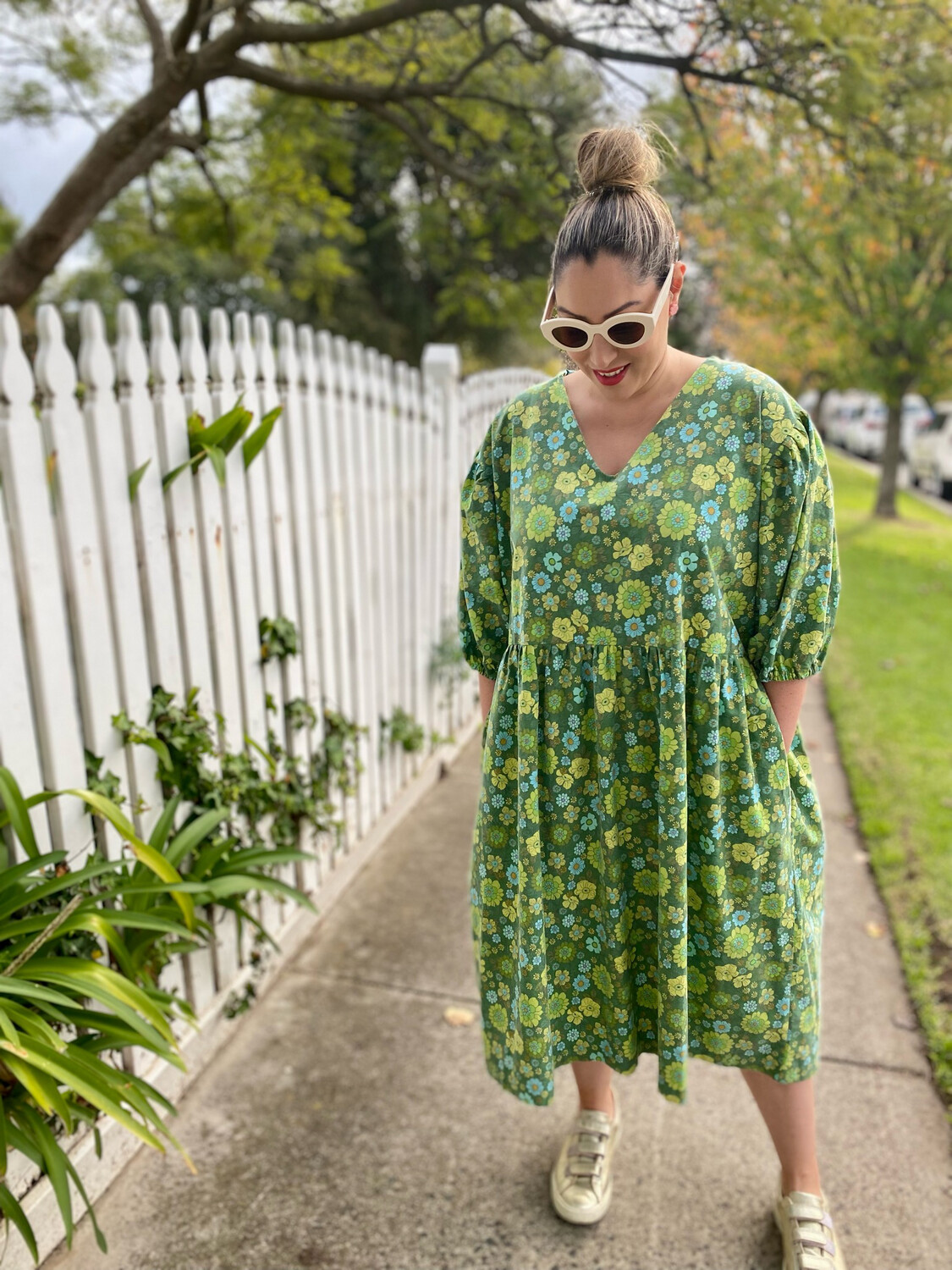 Green Retro Floral Smock Dress