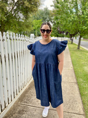 Denim Blue Frilly Shoulders Smock Dress