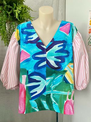 Green Garden &amp; Stripes Gorman Fabric Puff Sleeve Top XXL