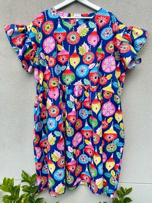 Christmas Baubles Blue Smock Dress Christmas Baubles Blue Smock Dress