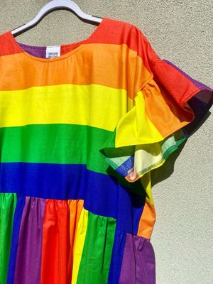 Rainbow Stripes Frilly Shoulders Smock Dress 3XL