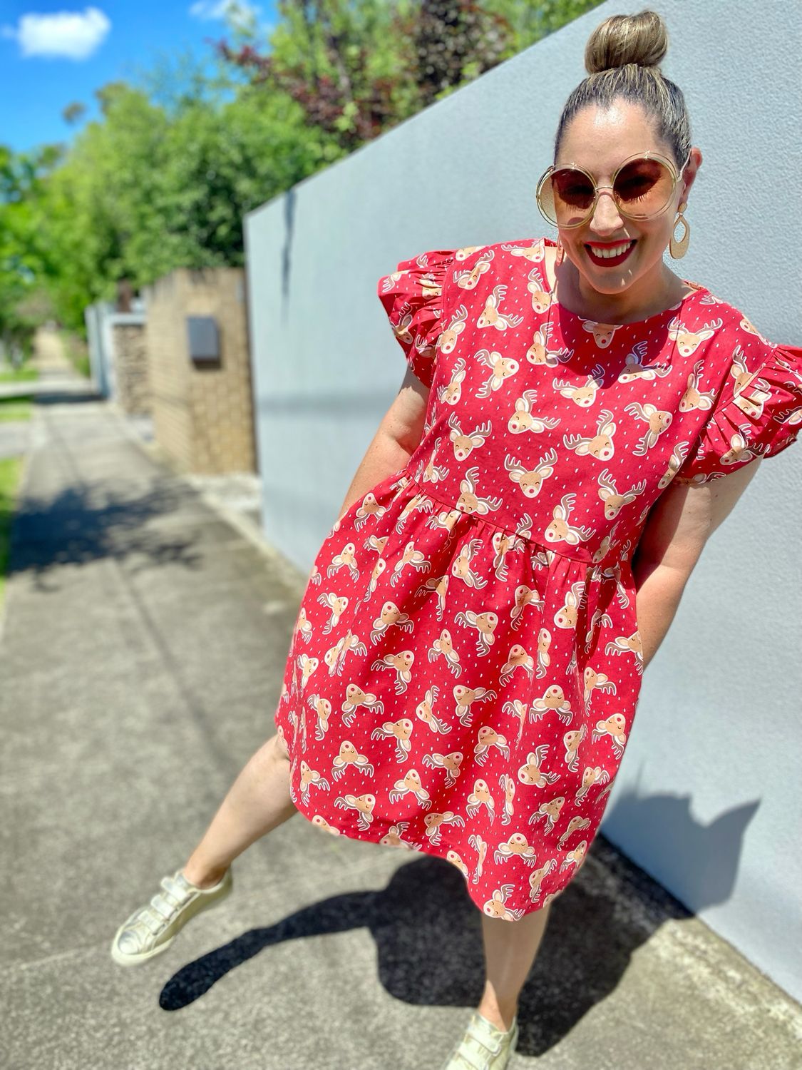 Christmas Reindeer Red Smock Dress