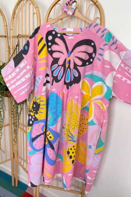 Ken Done Pink Butterfly Floral Dress