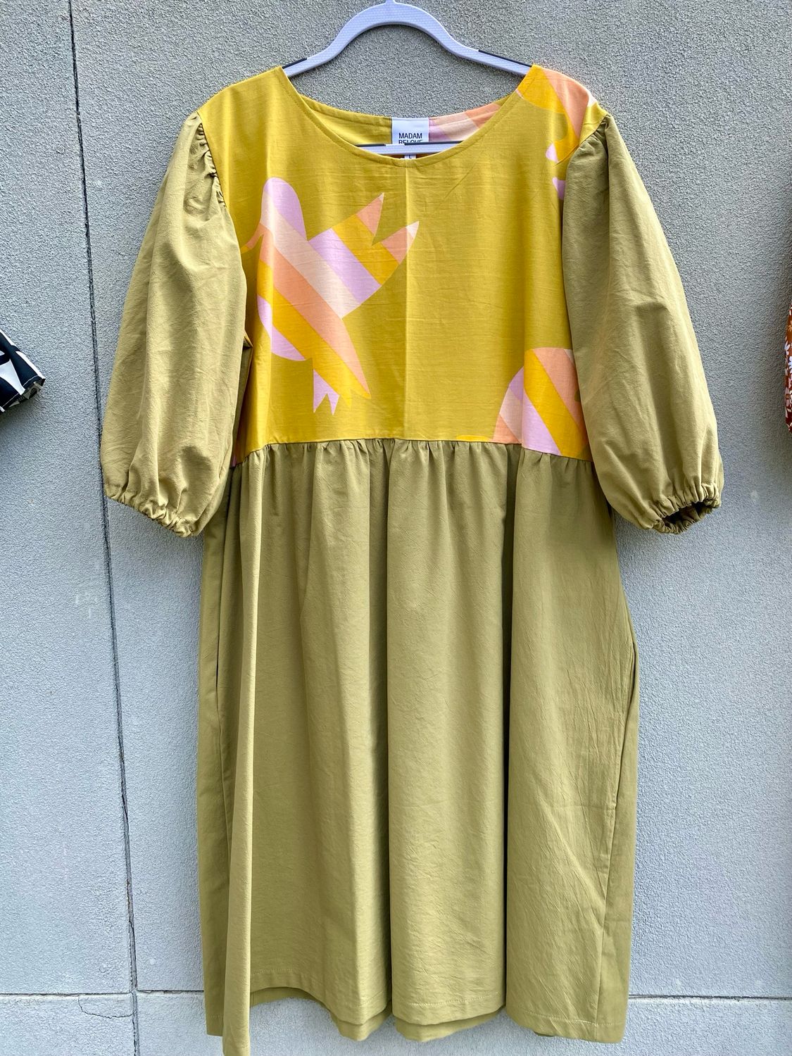 Khaki Citrus Bird Smock Dress L