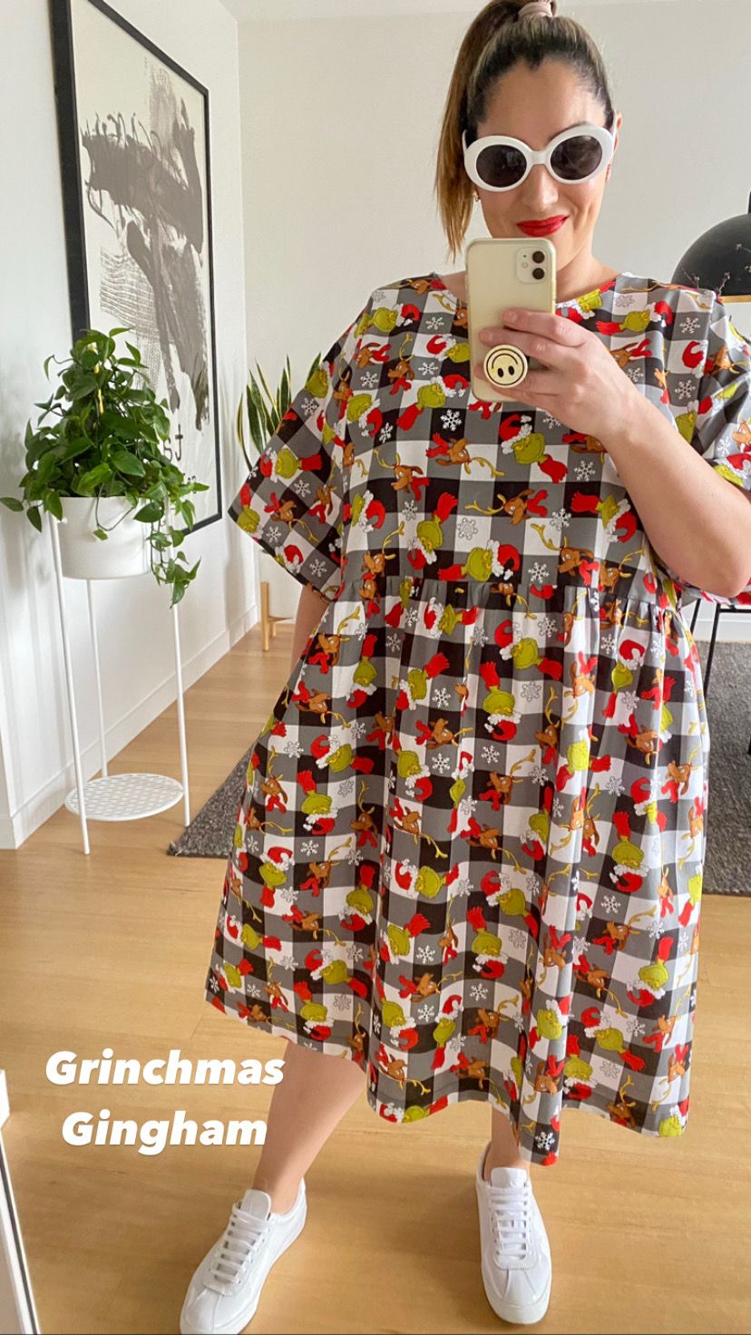 Grinchmas Buffalo Check Christmas Smock Dress