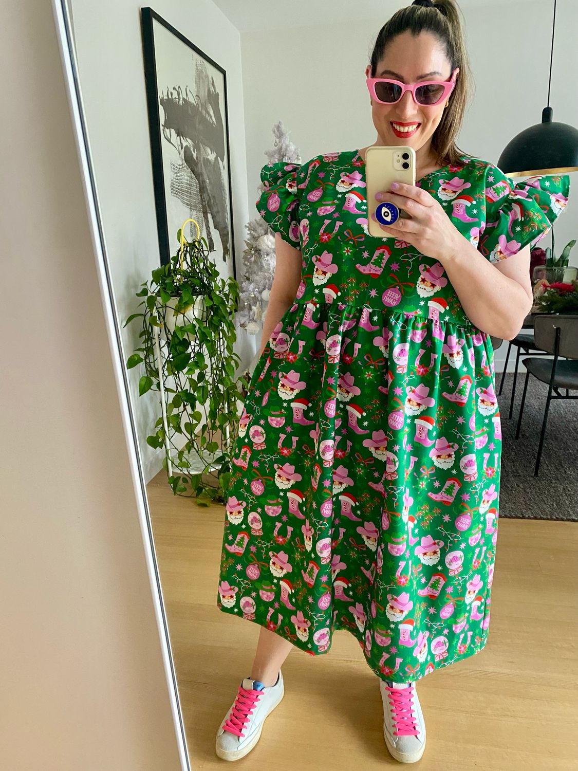 Christmas Cowboys Green Pink Smock Dress