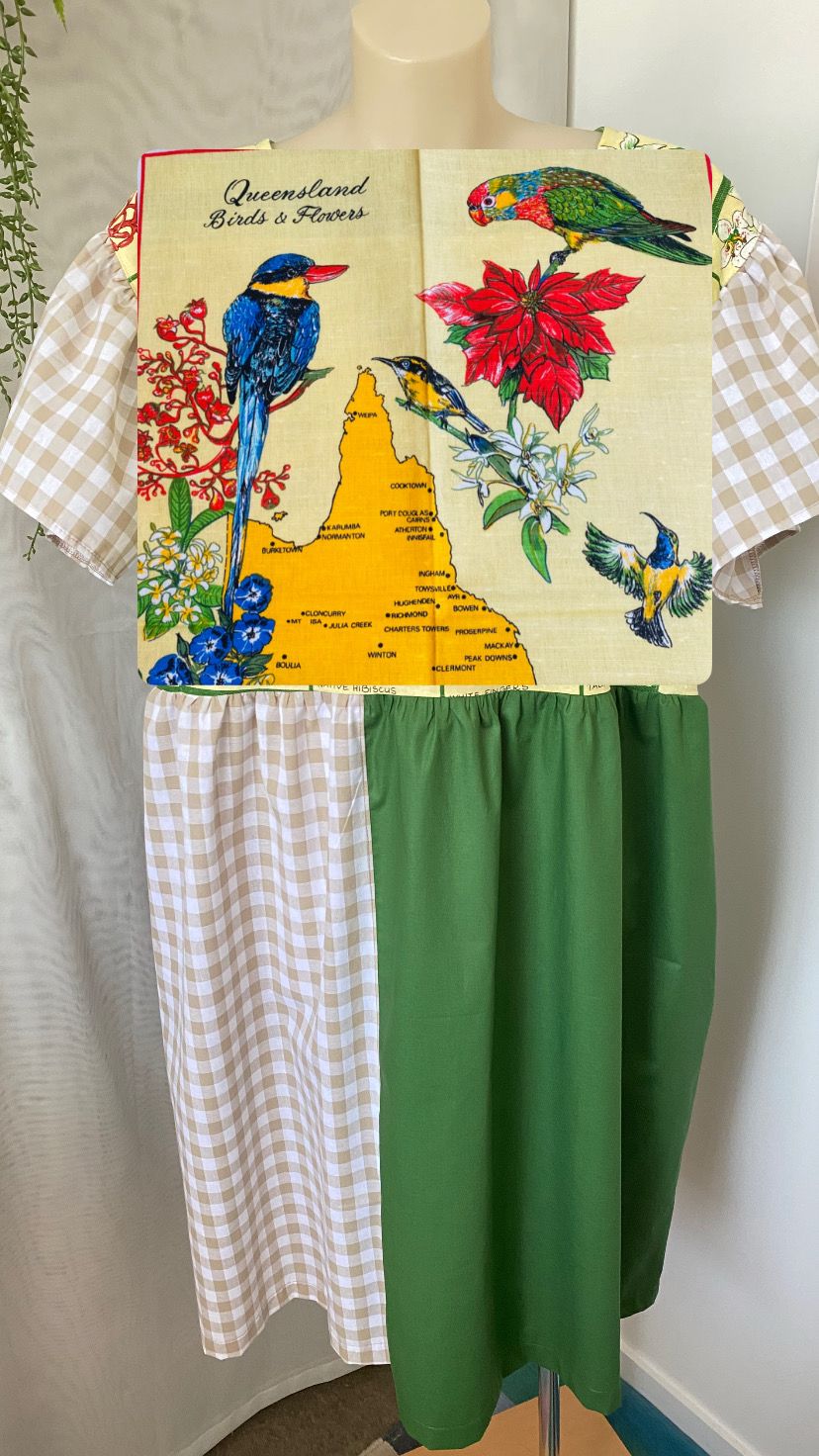 QLD Birds Flowers Tea Towel Smock Dress
