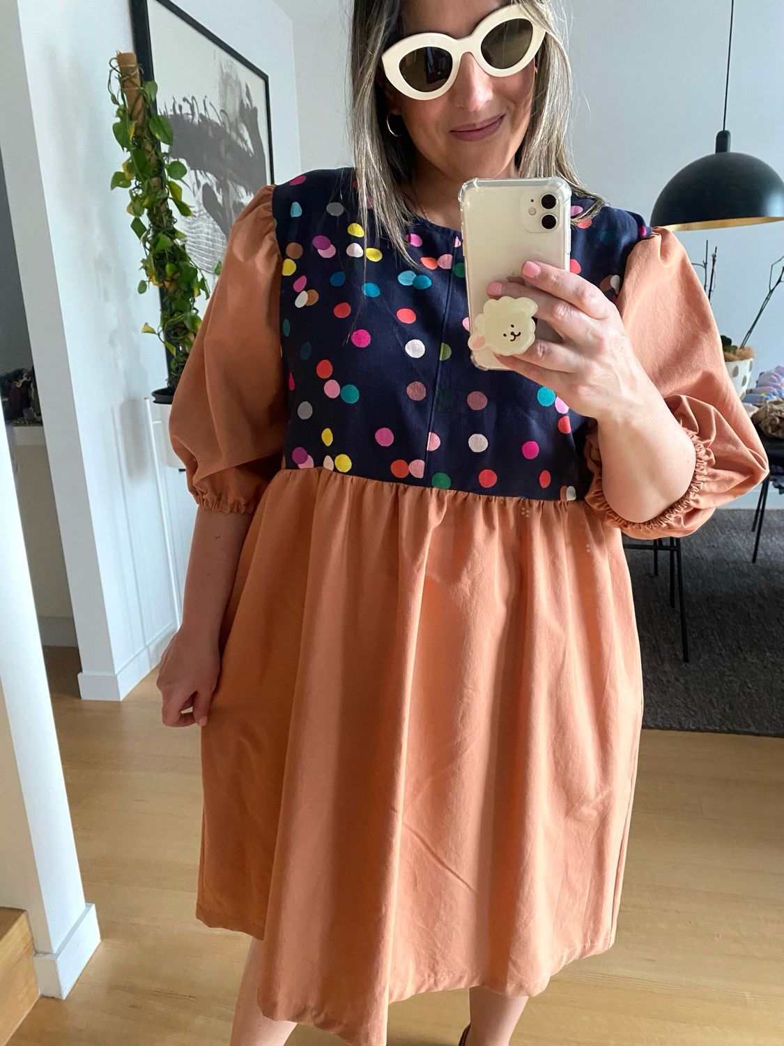 Polka Dot Puff Sleeve Smock Dress L