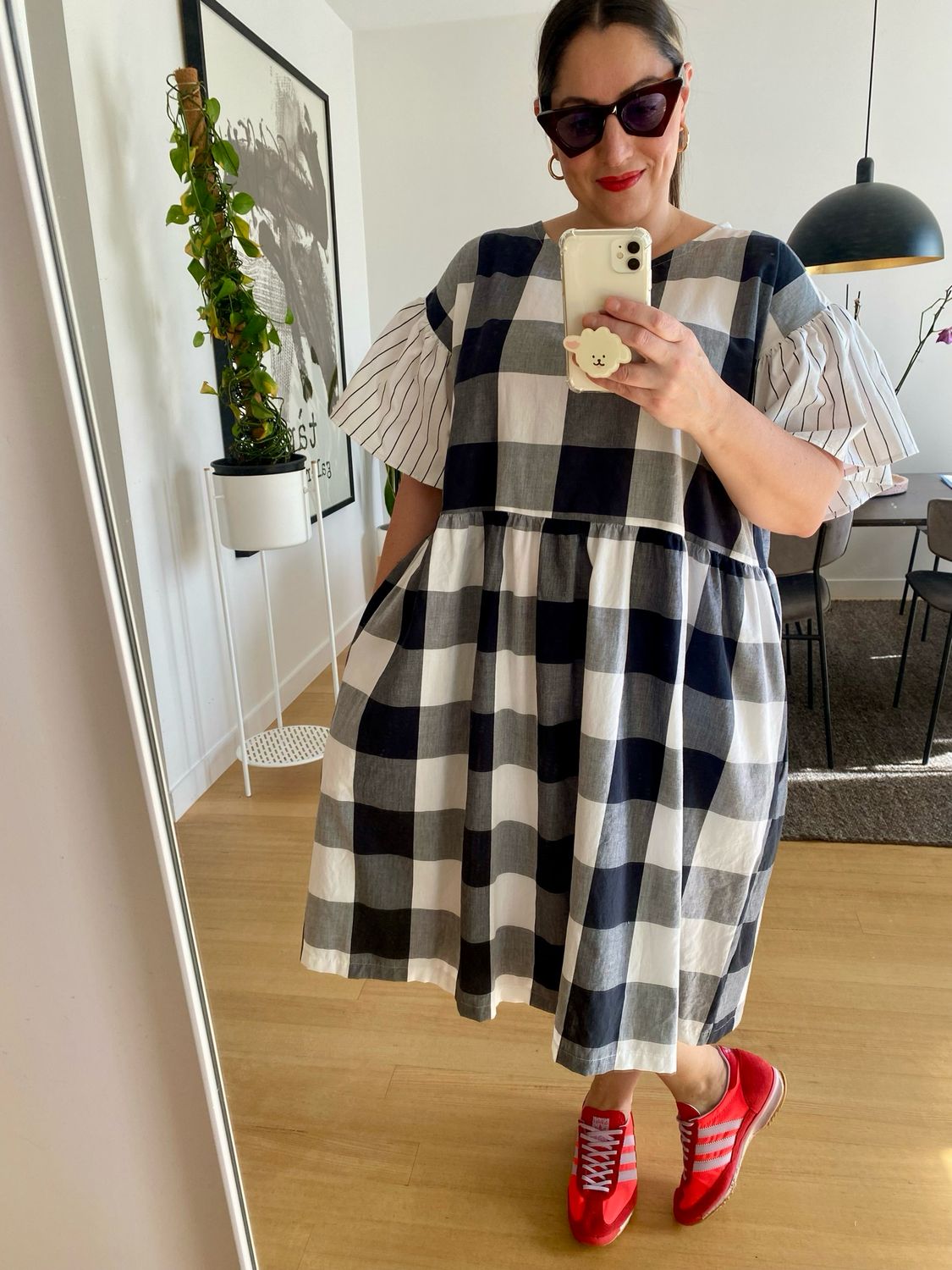 Black And White Check Flutter Sleeve Smock Dress XXL