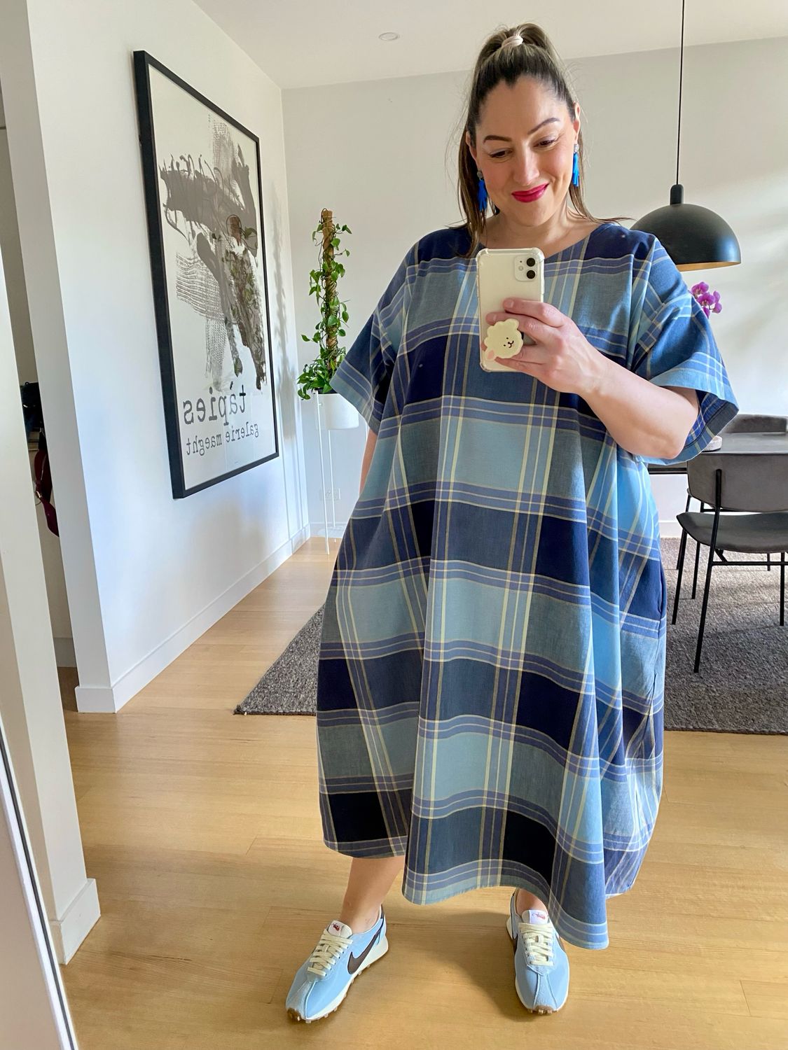 Blue Plaid A-line Midi Dress